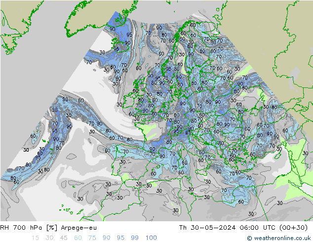 RH 700 hPa Arpege-eu Th 30.05.2024 06 UTC