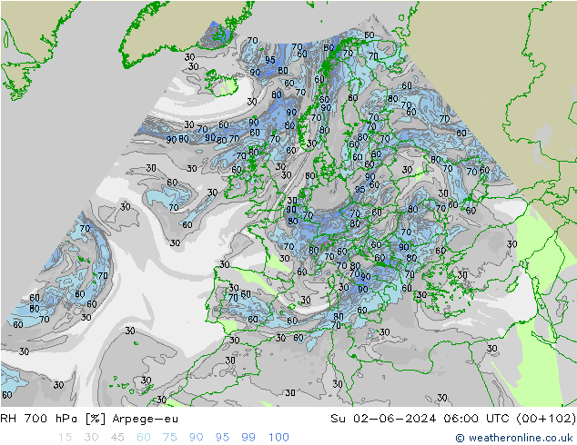 RH 700 hPa Arpege-eu So 02.06.2024 06 UTC