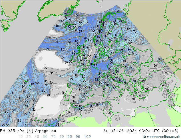 RH 925 hPa Arpege-eu Ne 02.06.2024 00 UTC