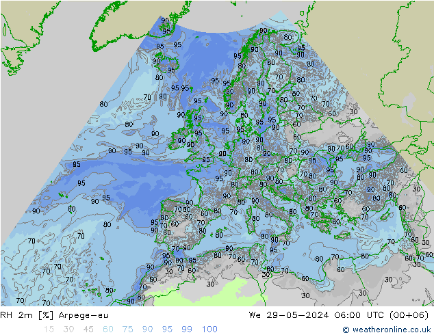 RH 2m Arpege-eu Qua 29.05.2024 06 UTC