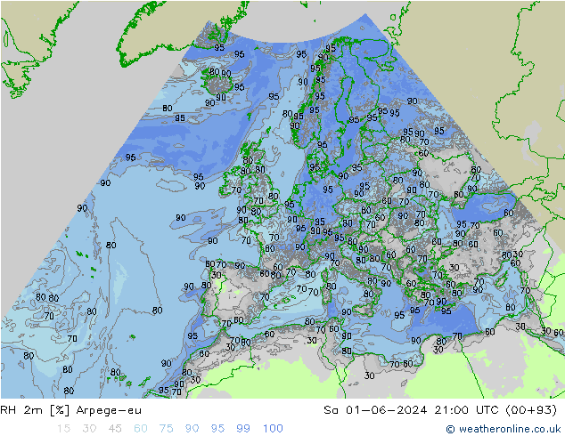 RH 2m Arpege-eu Sa 01.06.2024 21 UTC