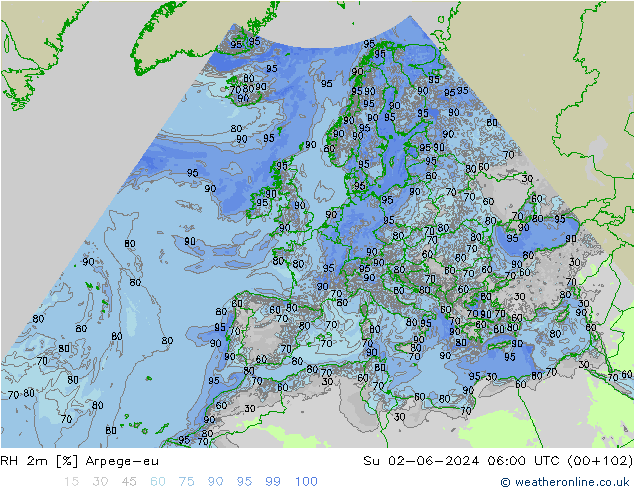 RH 2m Arpege-eu Su 02.06.2024 06 UTC