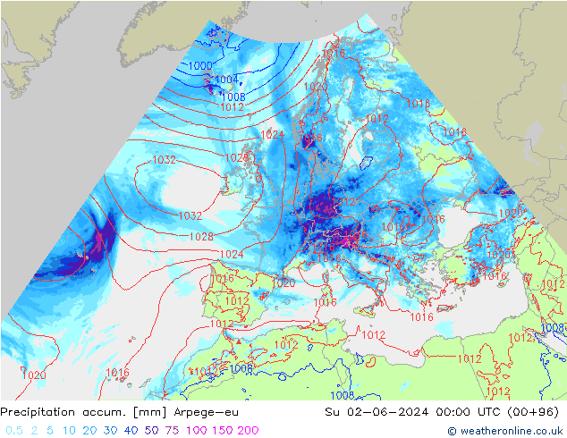 Toplam Yağış Arpege-eu Paz 02.06.2024 00 UTC