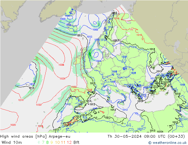 High wind areas Arpege-eu gio 30.05.2024 09 UTC