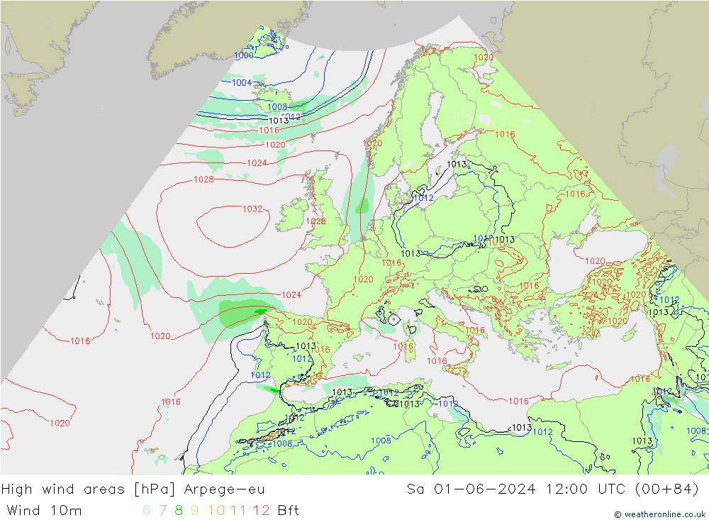 High wind areas Arpege-eu Sa 01.06.2024 12 UTC