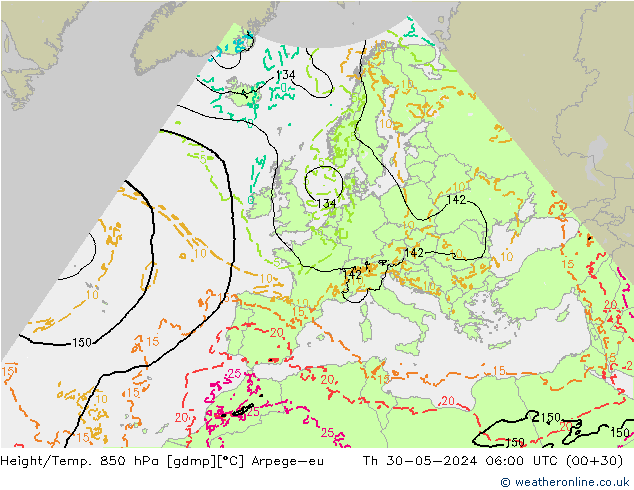 Height/Temp. 850 hPa Arpege-eu Th 30.05.2024 06 UTC