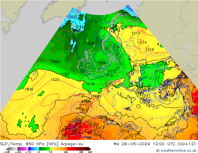 SLP/Temp. 850 hPa Arpege-eu Mi 29.05.2024 12 UTC