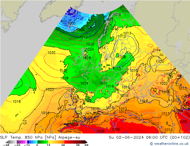 SLP/Temp. 850 hPa Arpege-eu zo 02.06.2024 06 UTC