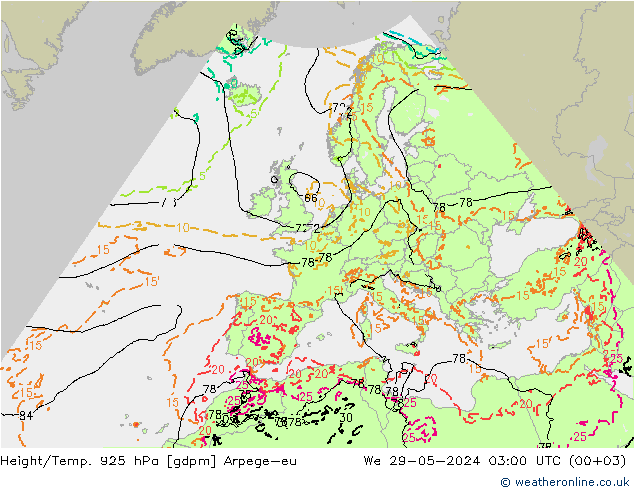 Yükseklik/Sıc. 925 hPa Arpege-eu Çar 29.05.2024 03 UTC