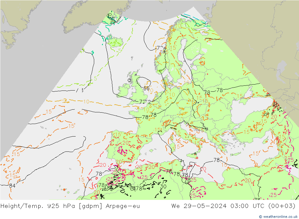 Yükseklik/Sıc. 925 hPa Arpege-eu Çar 29.05.2024 03 UTC