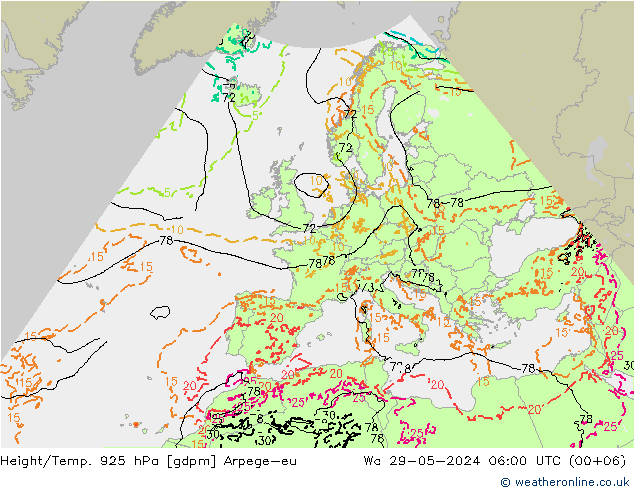 Height/Temp. 925 hPa Arpege-eu Mi 29.05.2024 06 UTC