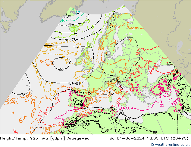 Height/Temp. 925 hPa Arpege-eu Sa 01.06.2024 18 UTC