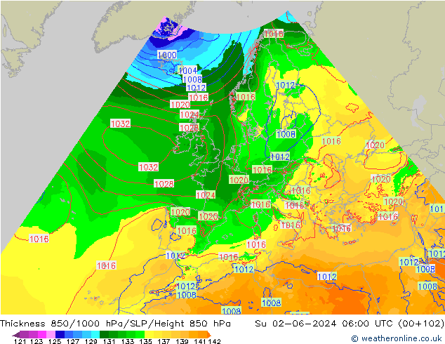 Schichtdicke 850-1000 hPa Arpege-eu So 02.06.2024 06 UTC