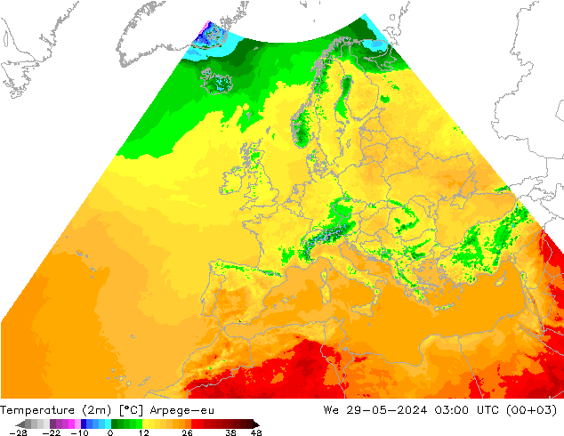 Temperatura (2m) Arpege-eu Qua 29.05.2024 03 UTC