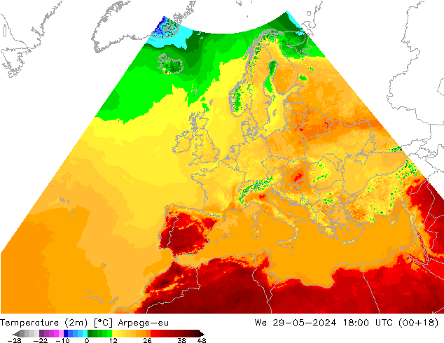 Temperatuurkaart (2m) Arpege-eu wo 29.05.2024 18 UTC