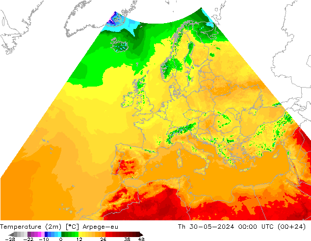 温度图 Arpege-eu 星期四 30.05.2024 00 UTC