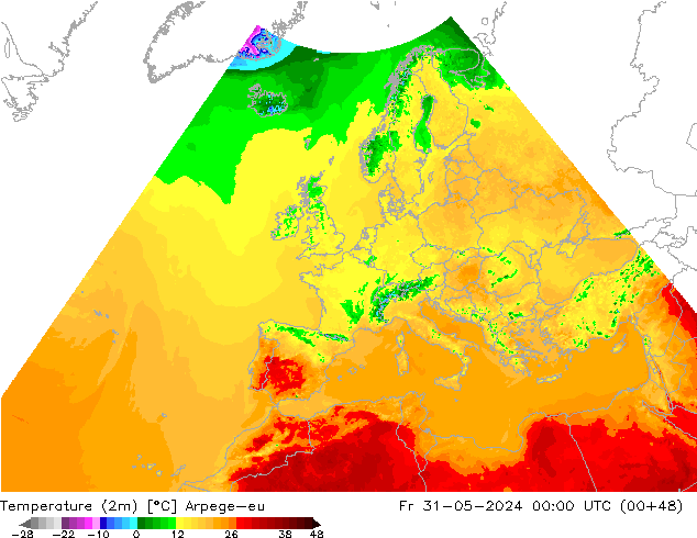 Temperatura (2m) Arpege-eu ven 31.05.2024 00 UTC