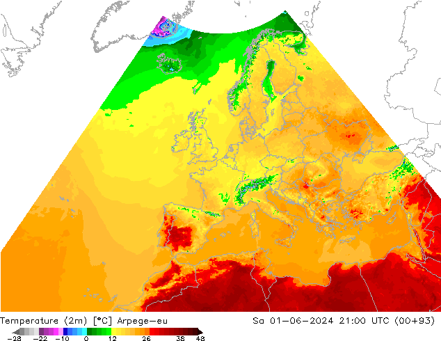 Temperaturkarte (2m) Arpege-eu Sa 01.06.2024 21 UTC