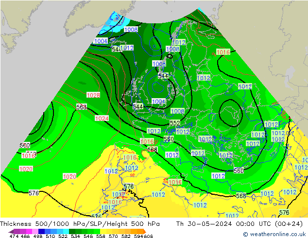 Dikte 500-1000hPa Arpege-eu do 30.05.2024 00 UTC