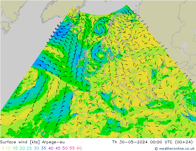wiatr 10 m Arpege-eu czw. 30.05.2024 00 UTC