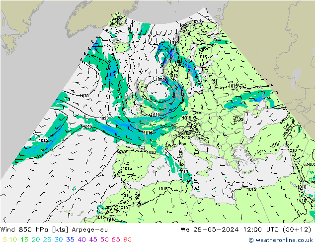 ветер 850 гПа Arpege-eu ср 29.05.2024 12 UTC