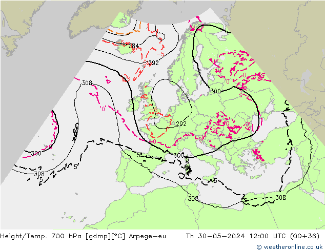 Height/Temp. 700 hPa Arpege-eu Čt 30.05.2024 12 UTC