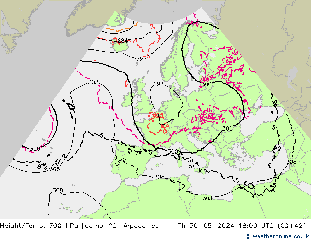 Height/Temp. 700 hPa Arpege-eu Čt 30.05.2024 18 UTC