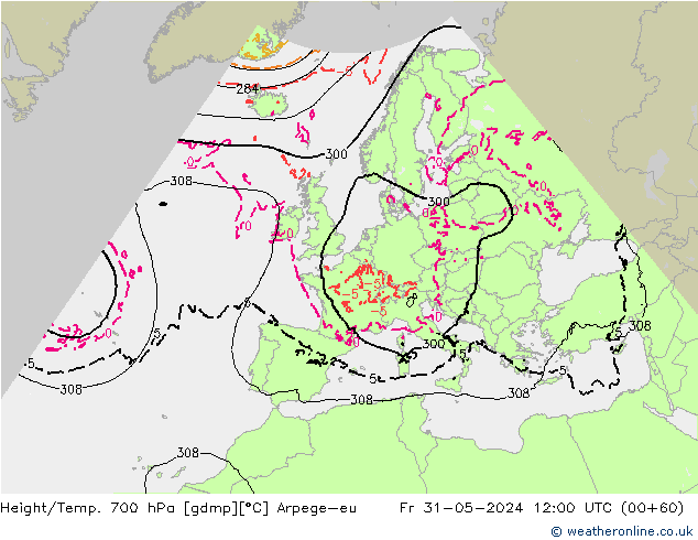 Height/Temp. 700 hPa Arpege-eu Pá 31.05.2024 12 UTC