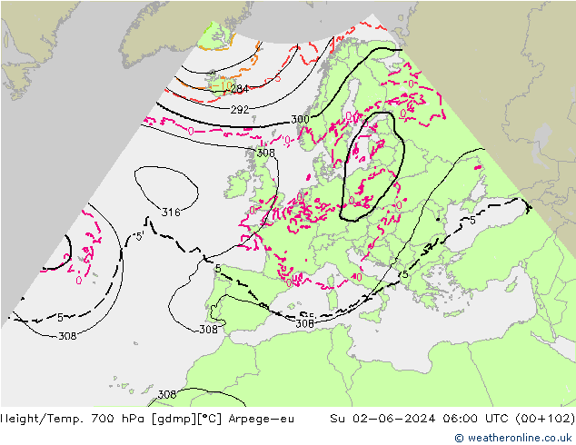 Hoogte/Temp. 700 hPa Arpege-eu zo 02.06.2024 06 UTC