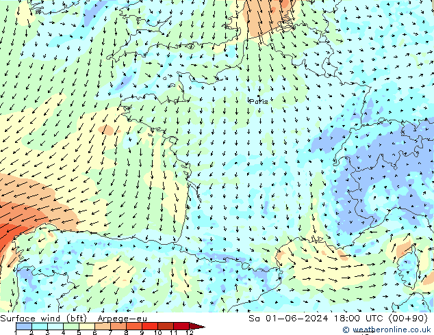 wiatr 10 m (bft) Arpege-eu so. 01.06.2024 18 UTC