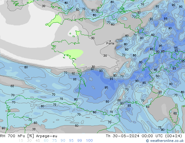 Humedad rel. 700hPa Arpege-eu jue 30.05.2024 00 UTC