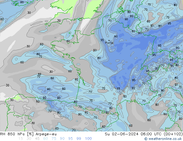 RH 850 hPa Arpege-eu Su 02.06.2024 06 UTC