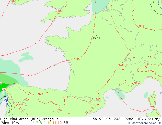 High wind areas Arpege-eu Su 02.06.2024 00 UTC