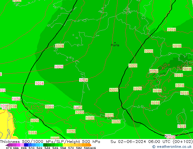 Dikte 500-1000hPa Arpege-eu zo 02.06.2024 06 UTC