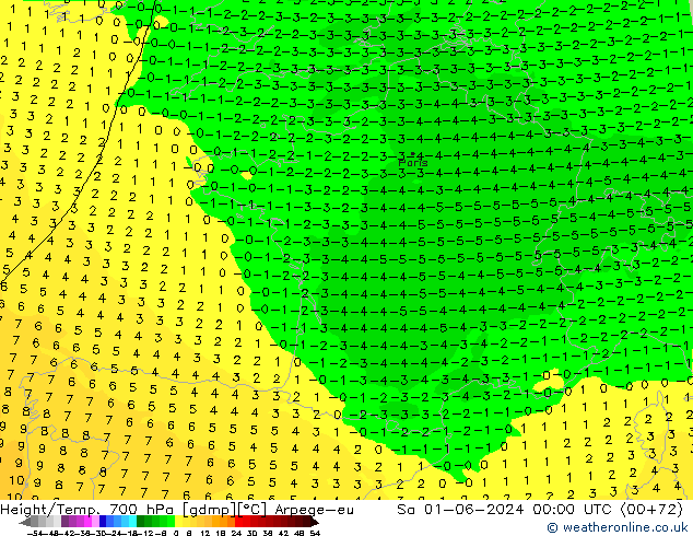 Height/Temp. 700 hPa Arpege-eu Sa 01.06.2024 00 UTC