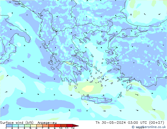 Wind 10 m (bft) Arpege-eu do 30.05.2024 03 UTC