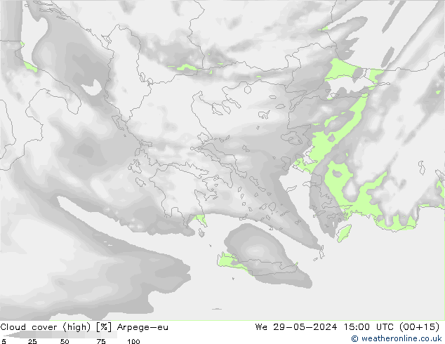 Cloud cover (high) Arpege-eu We 29.05.2024 15 UTC