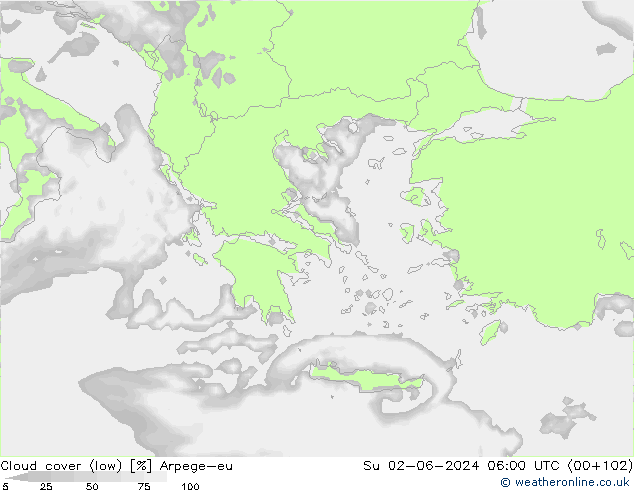 Cloud cover (low) Arpege-eu Su 02.06.2024 06 UTC