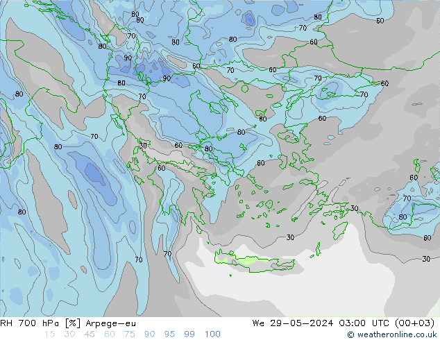 RH 700 гПа Arpege-eu ср 29.05.2024 03 UTC