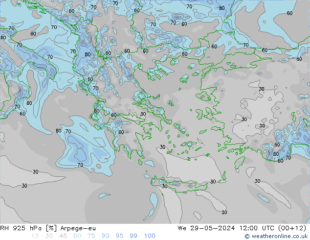 Humidité rel. 925 hPa Arpege-eu mer 29.05.2024 12 UTC