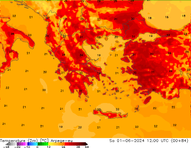 Temperatuurkaart (2m) Arpege-eu za 01.06.2024 12 UTC