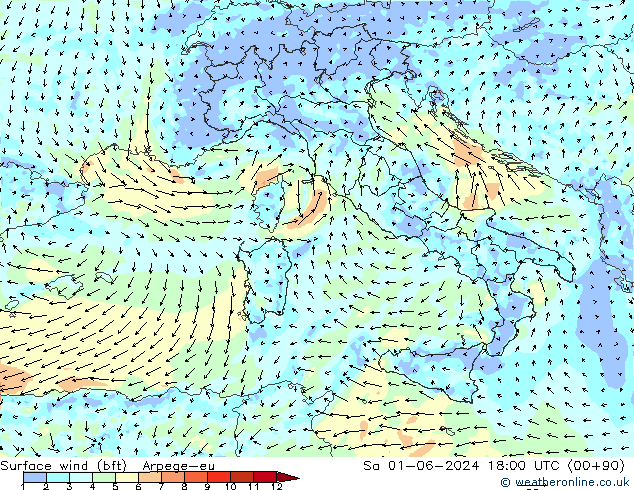 wiatr 10 m (bft) Arpege-eu so. 01.06.2024 18 UTC