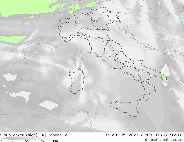 Cloud cover (high) Arpege-eu Th 30.05.2024 09 UTC