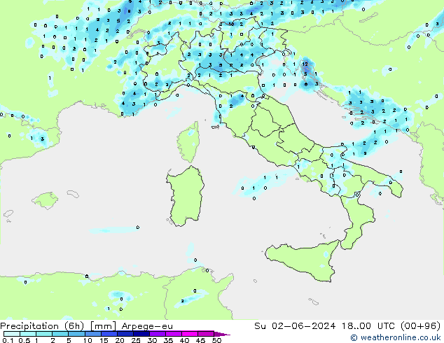 Precipitation (6h) Arpege-eu Ne 02.06.2024 00 UTC