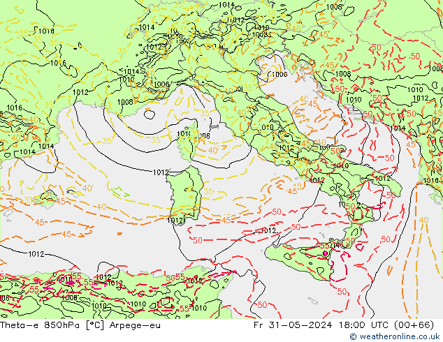 Theta-e 850hPa Arpege-eu pt. 31.05.2024 18 UTC