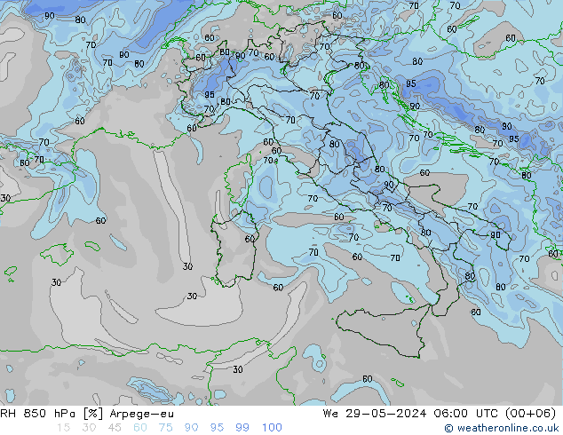 RH 850 hPa Arpege-eu Qua 29.05.2024 06 UTC