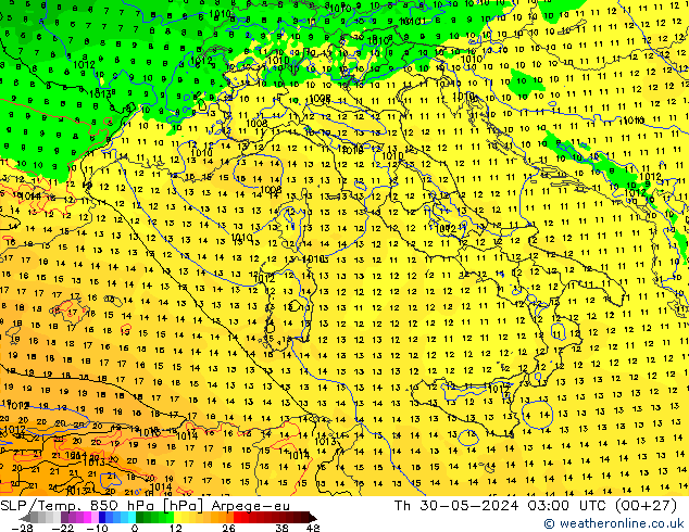 SLP/Temp. 850 hPa Arpege-eu Th 30.05.2024 03 UTC