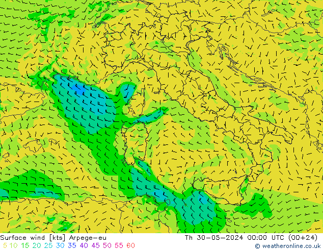 Vento 10 m Arpege-eu gio 30.05.2024 00 UTC