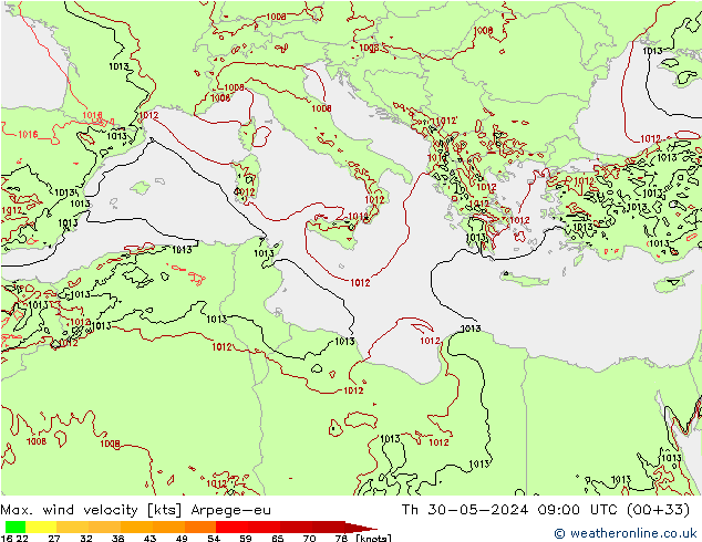 Max. wind velocity Arpege-eu czw. 30.05.2024 09 UTC