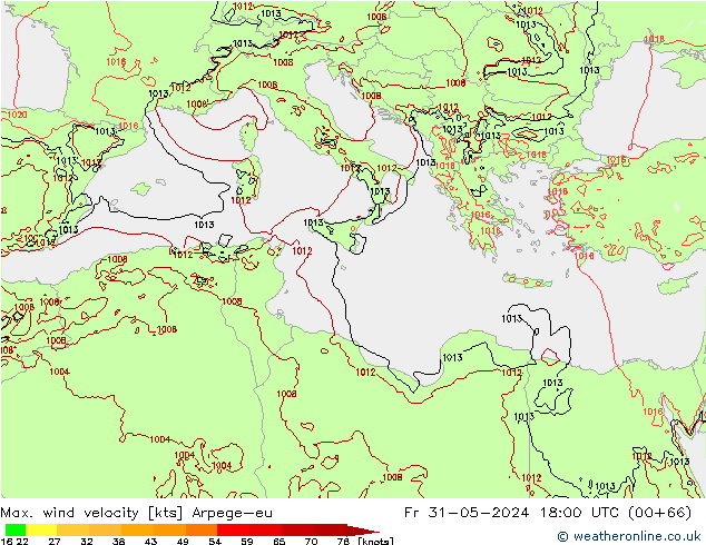 Max. wind velocity Arpege-eu ven 31.05.2024 18 UTC